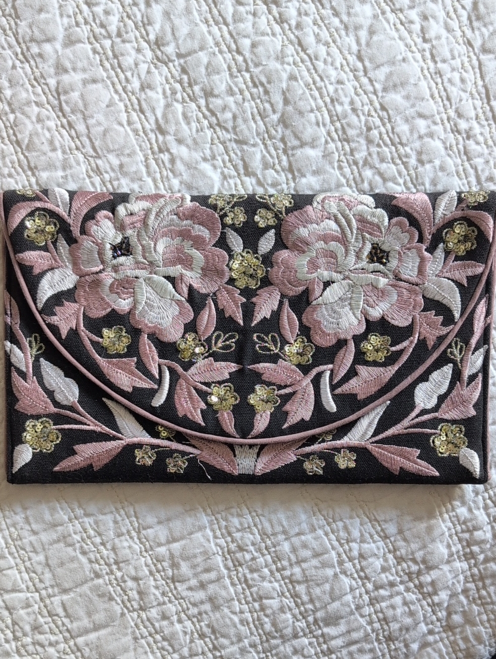 Embroidered Black & Pink Floral Clutch